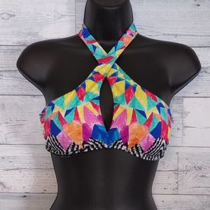 Bar III Feathered Daze Crossover High Neck Halter Bikini Swim Top Multi Large